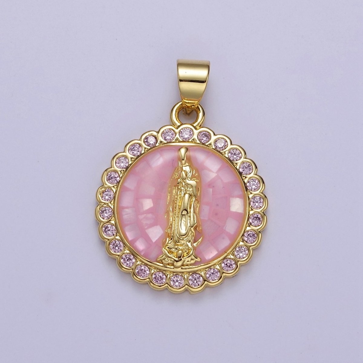 Pink Opal Lady Guadalupe Charm for Necklace, Dainty Coin Virgin Mary Pendant for Religious Jewelry Making Supply in Gold Filled J-494 J-495 J-505 J-509