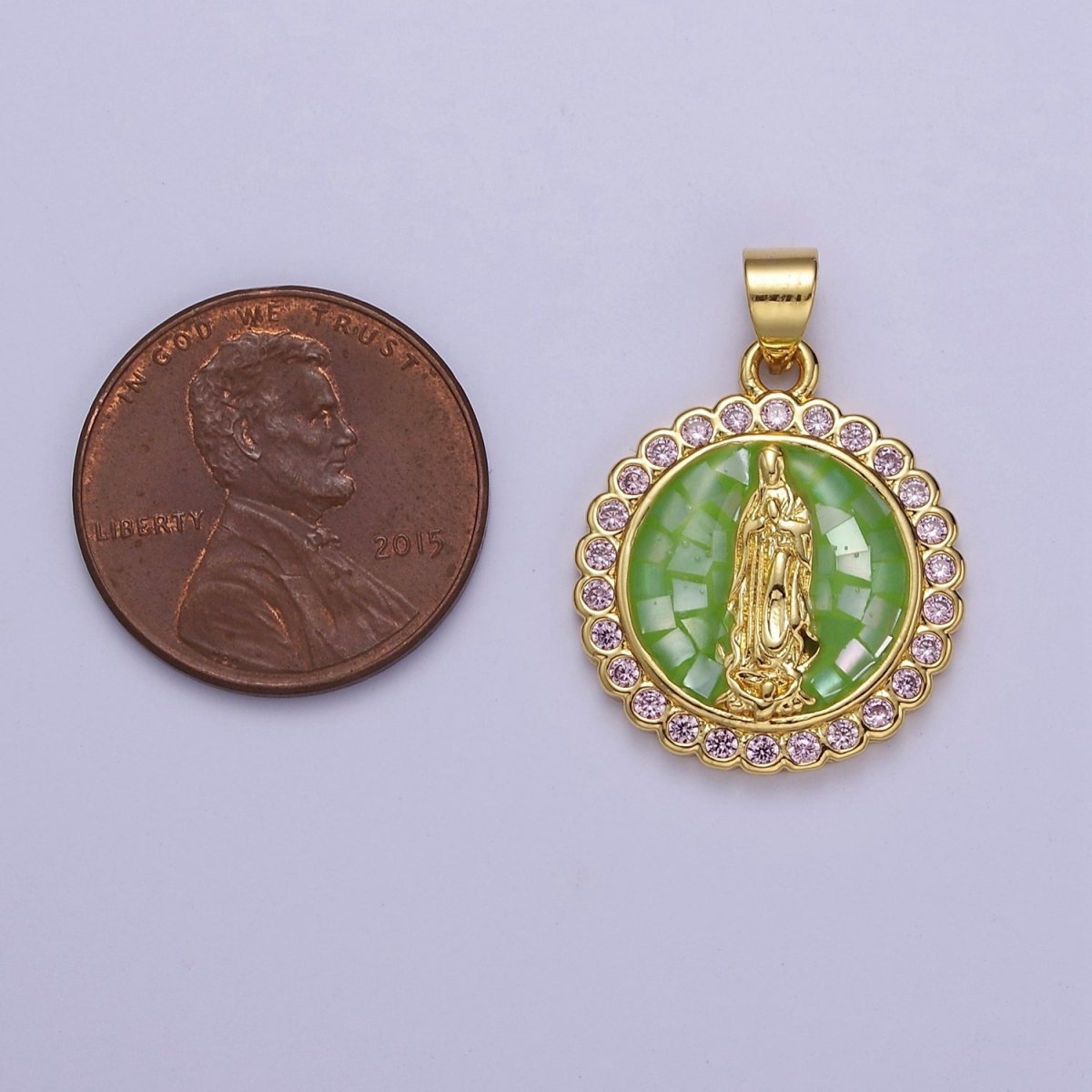 Pink Opal Lady Guadalupe Charm for Necklace, Dainty Coin Virgin Mary Pendant for Religious Jewelry Making Supply in Gold Filled J-494 J-495 J-505 J-509