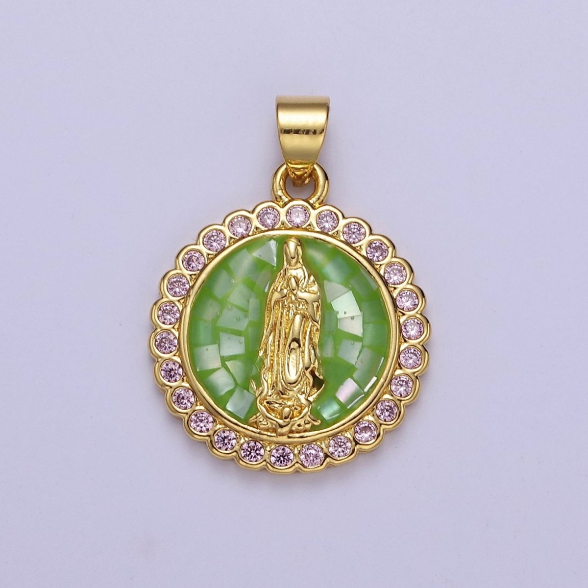 Pink Opal Lady Guadalupe Charm for Necklace, Dainty Coin Virgin Mary Pendant for Religious Jewelry Making Supply in Gold Filled J-494 J-495 J-505 J-509