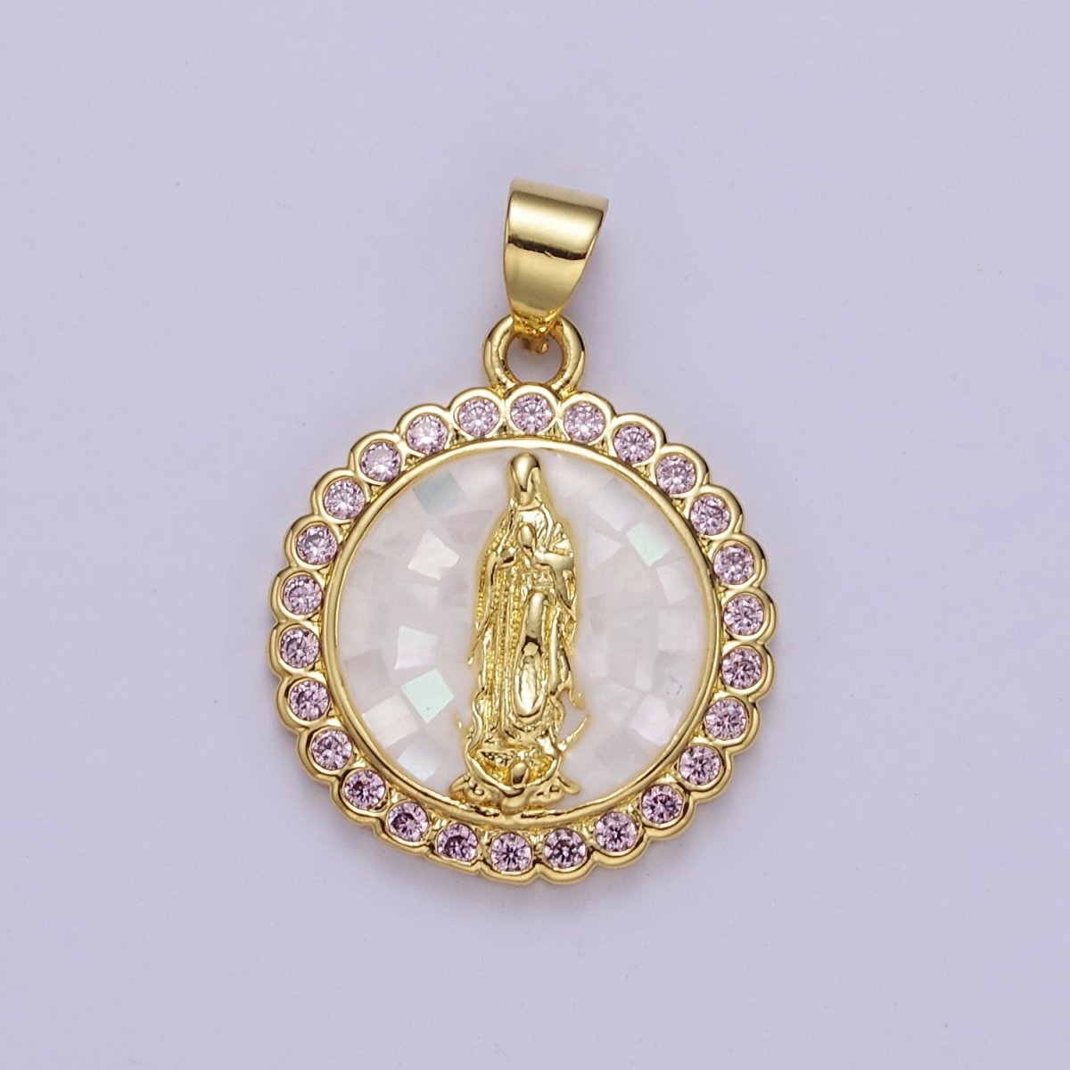 Pink Opal Lady Guadalupe Charm for Necklace, Dainty Coin Virgin Mary Pendant for Religious Jewelry Making Supply in Gold Filled J-494 J-495 J-505 J-509