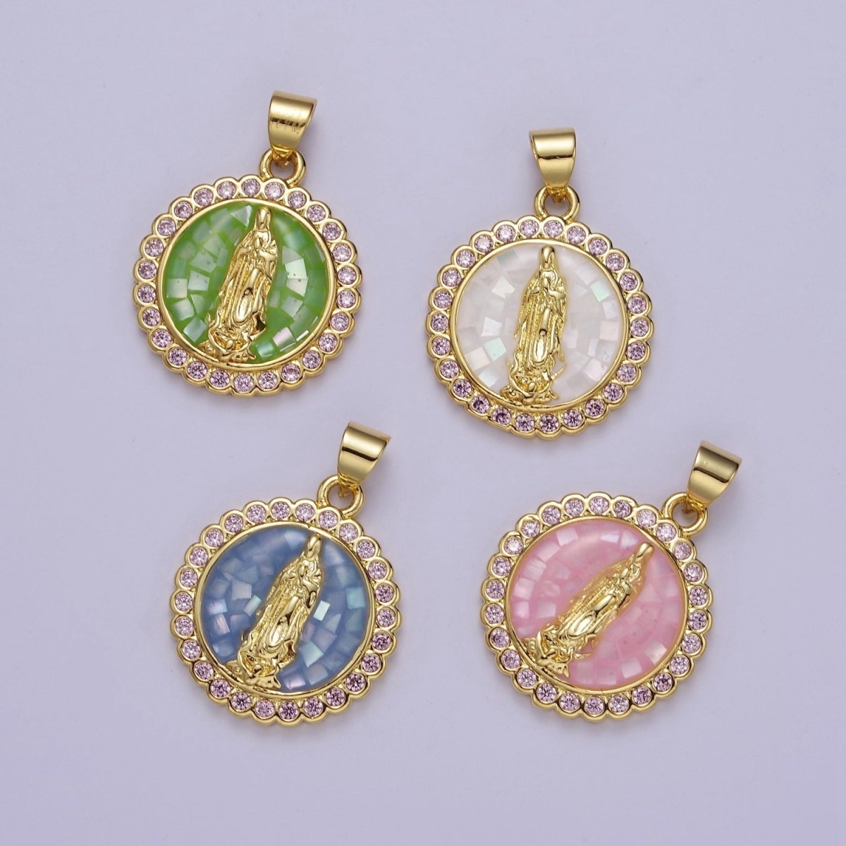 Pink Opal Lady Guadalupe Charm for Necklace, Dainty Coin Virgin Mary Pendant for Religious Jewelry Making Supply in Gold Filled J-494 J-495 J-505 J-509