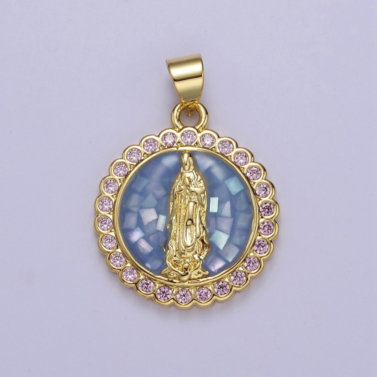 Pink Opal Lady Guadalupe Charm for Necklace, Dainty Coin Virgin Mary Pendant for Religious Jewelry Making Supply in Gold Filled J-494 J-495 J-505 J-509