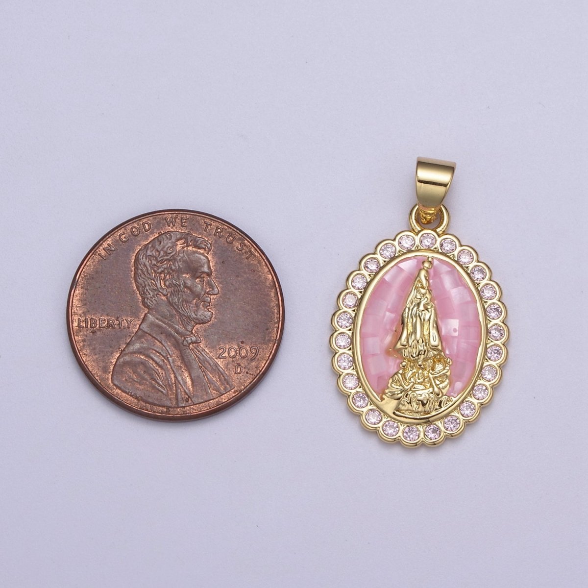 Pink Opal Miraculous Lady Charm for Necklace, Dainty Lady of Guadalupe Pendant for Religious Jewelry Making Supply in Gold Filled H-601 - DLUXCA