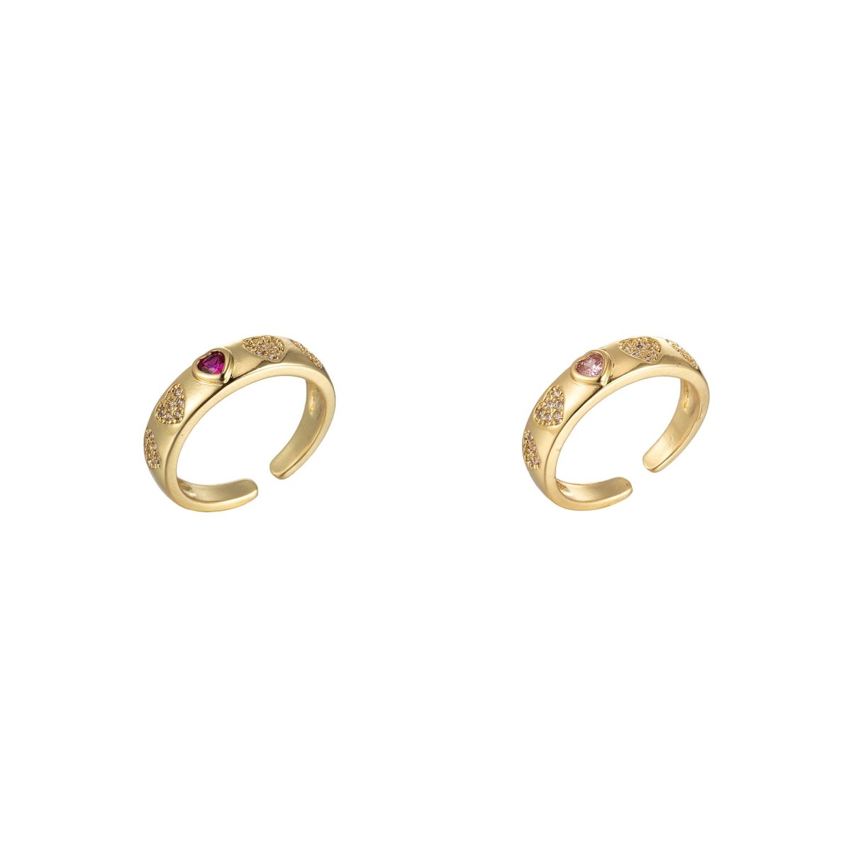 Pink Red Heart CZ Gold Dome Ring Stacking Jewelry | Round Heart Ring Open Adjustable Ring O-908 O-909