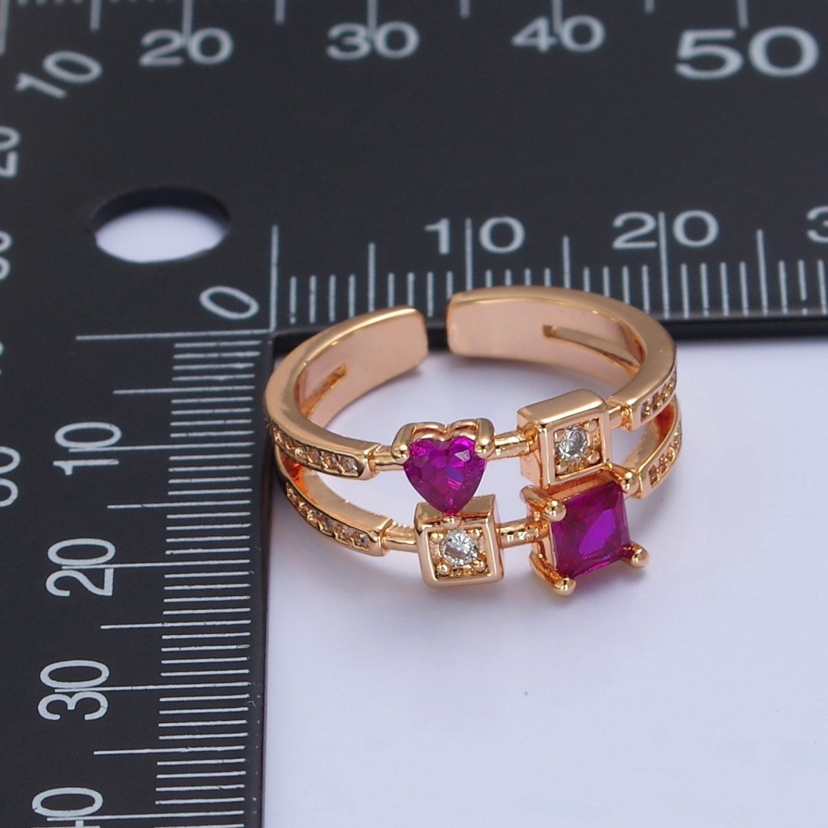 Pink Square Heart Ring Double Band Gold Band Ring O-2235  O-2236