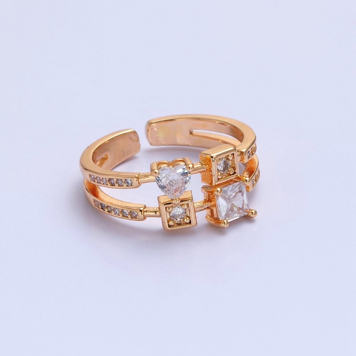 Pink Square Heart Ring Double Band Gold Band Ring O-2235  O-2236