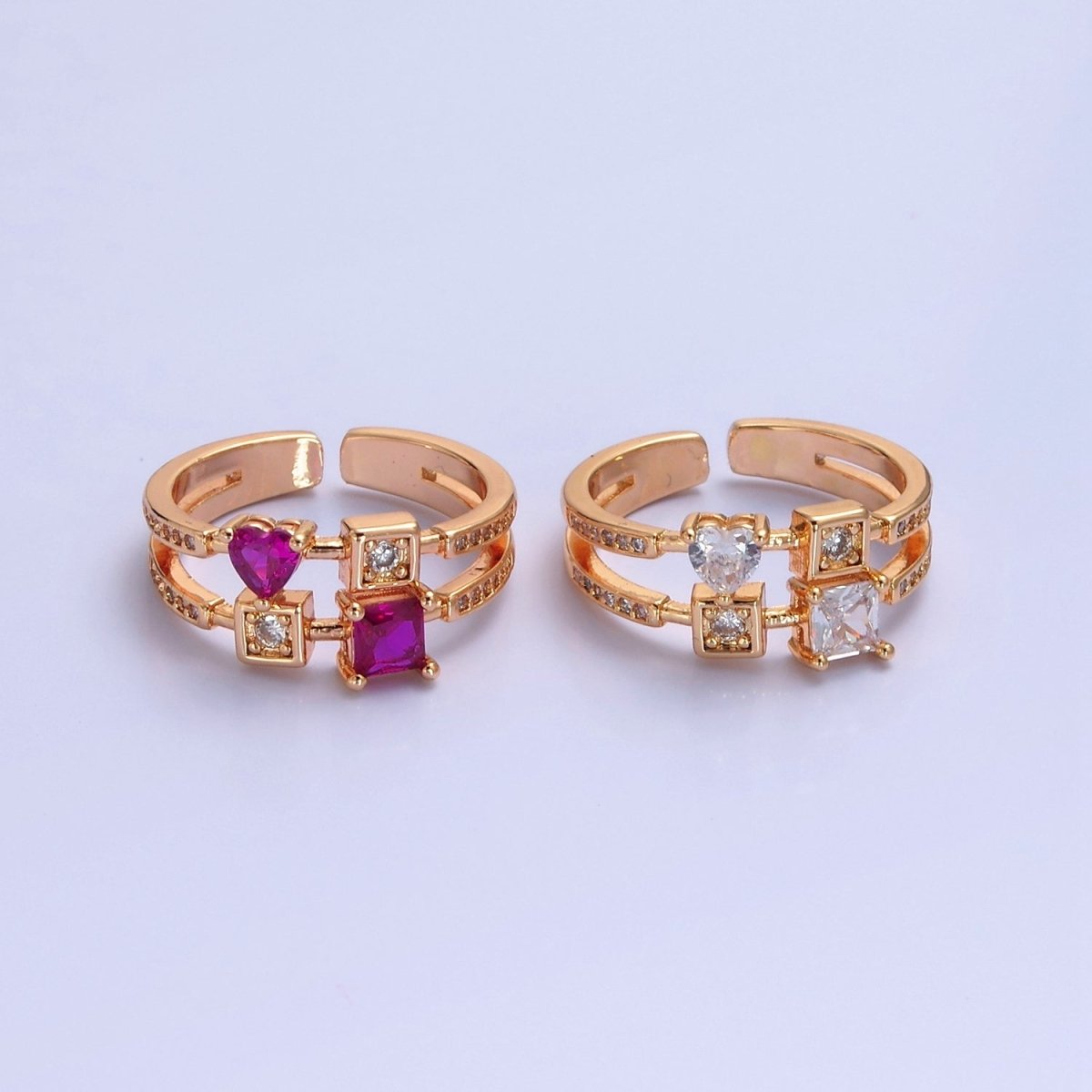 Pink Square Heart Ring Double Band Gold Band Ring O-2235  O-2236
