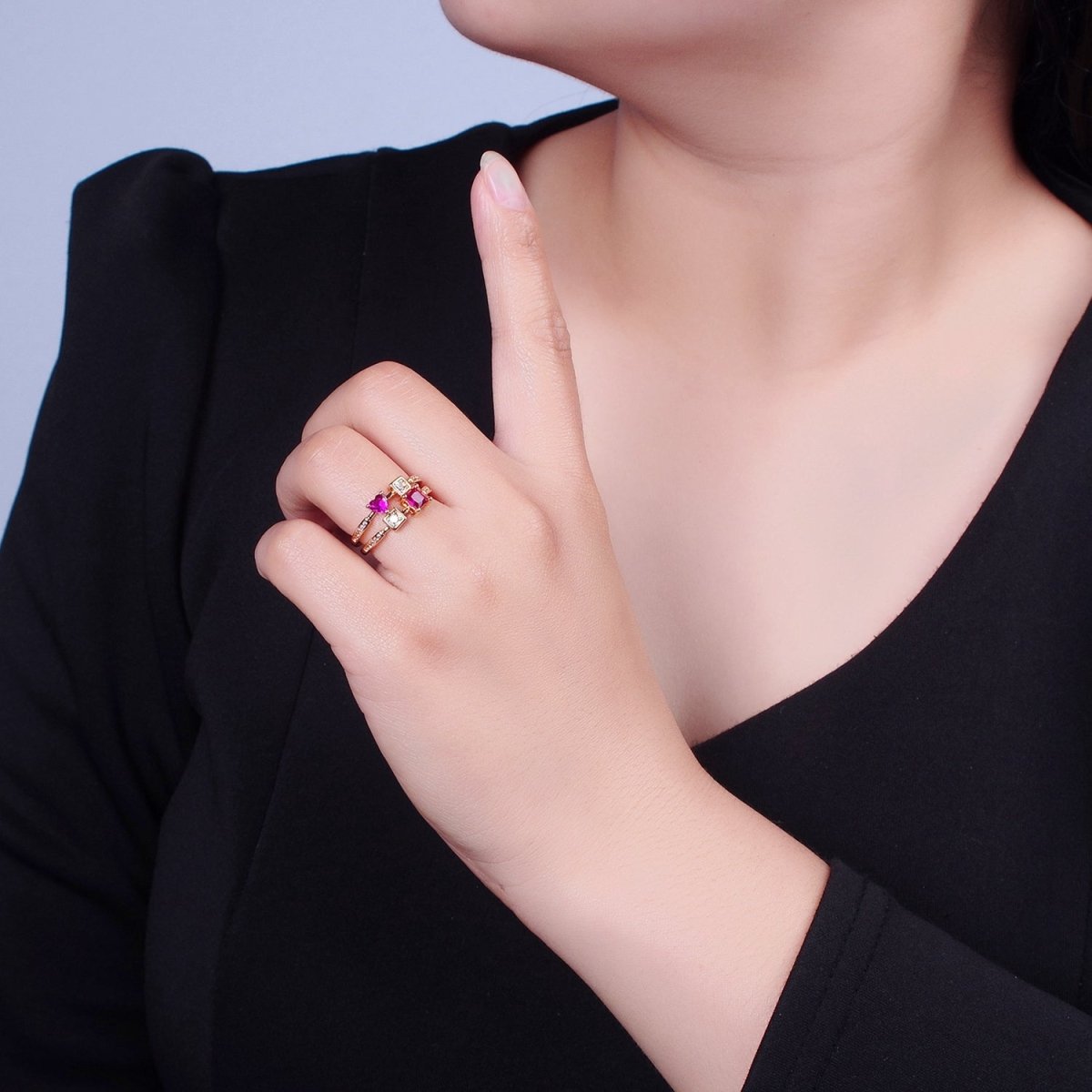 Pink Square Heart Ring Double Band Gold Band Ring O-2235  O-2236