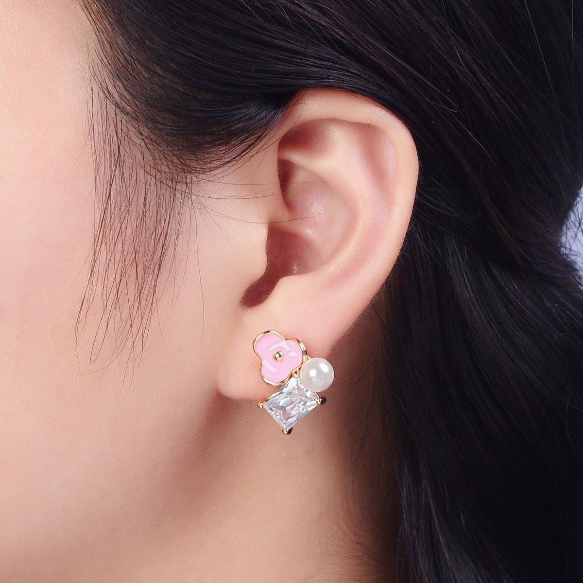 Pink, White Flower Pearl Clear CZ Baguette Stud Earrings Set | AE1027 AE1028