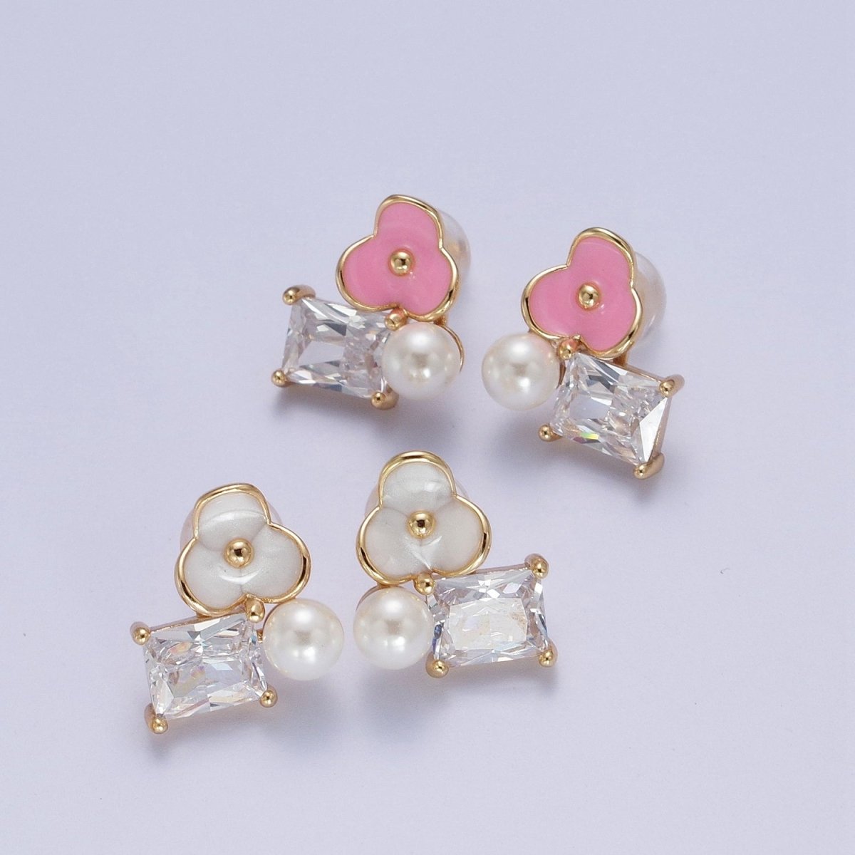 Pink, White Flower Pearl Clear CZ Baguette Stud Earrings Set | AE1027 AE1028