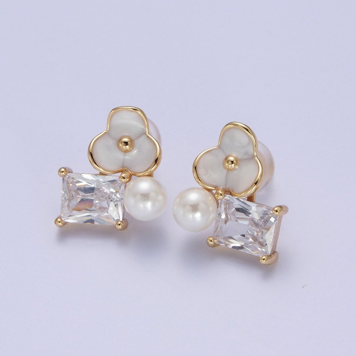Pink, White Flower Pearl Clear CZ Baguette Stud Earrings Set | AE1027 AE1028