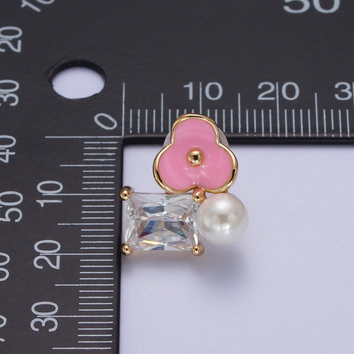 Pink, White Flower Pearl Clear CZ Baguette Stud Earrings Set | AE1027 AE1028