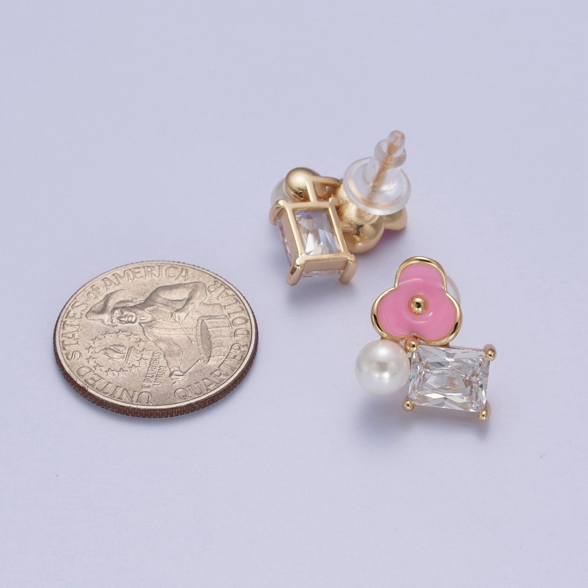 Pink, White Flower Pearl Clear CZ Baguette Stud Earrings Set | AE1027 AE1028
