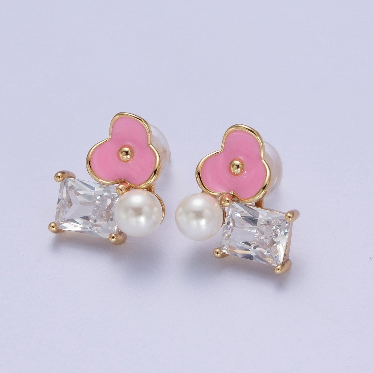 Pink, White Flower Pearl Clear CZ Baguette Stud Earrings Set | AE1027 AE1028