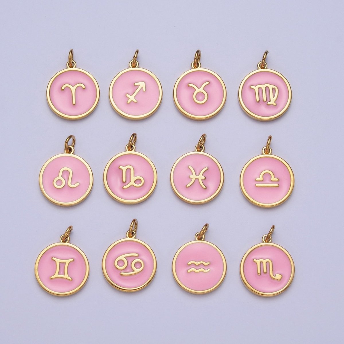Pink Zodiac Sign Charms, Horoscope Symbol Birthday Disc pendant Astrology sign in 24k Gold Filled A-A1457-A-A1462