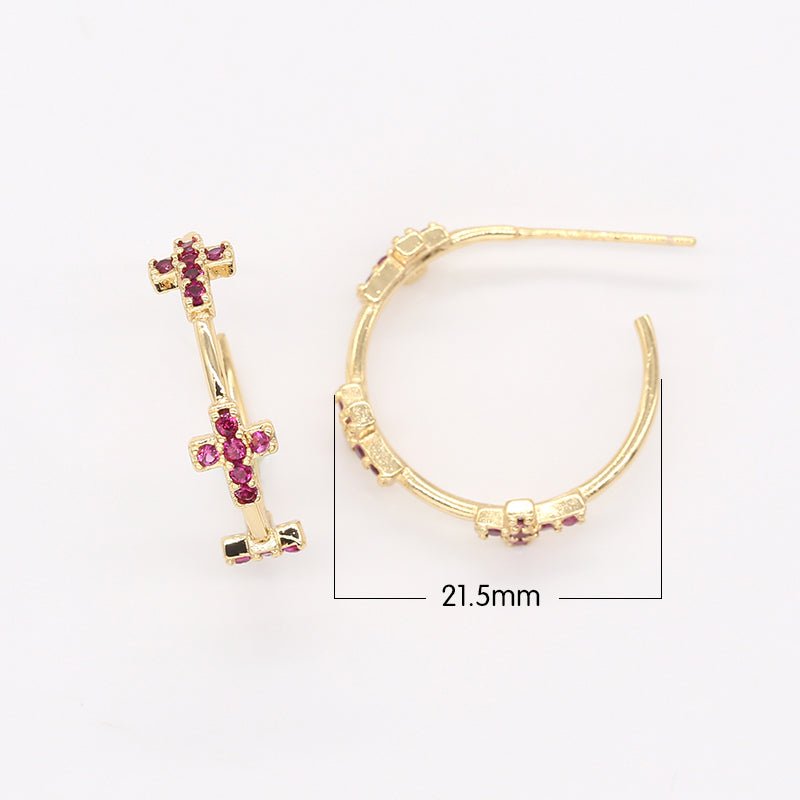 Purple Crystal Cross Round Stud Earrings CZ Christian Cross Symbol Micro Pave Earring Jewelry GP-913 - DLUXCA