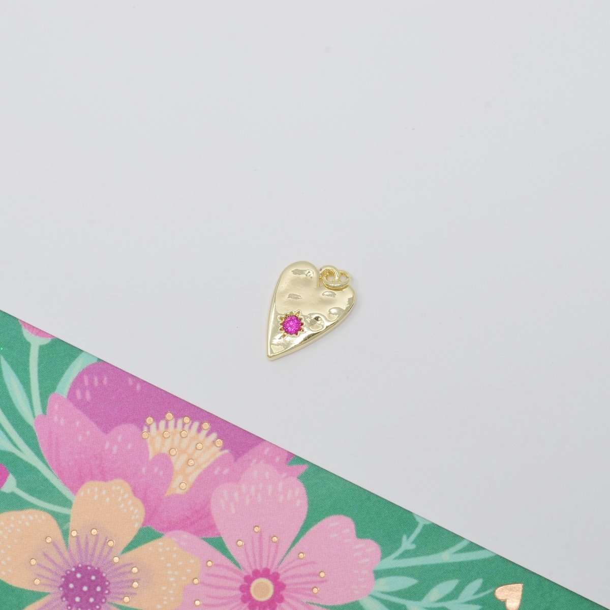 OS Purple Crystal Stone on Golden Heart Rustic Coin Charm CZ Stone Geometric Love Heart Shape Gold Medallion Charm Pendant GP-030