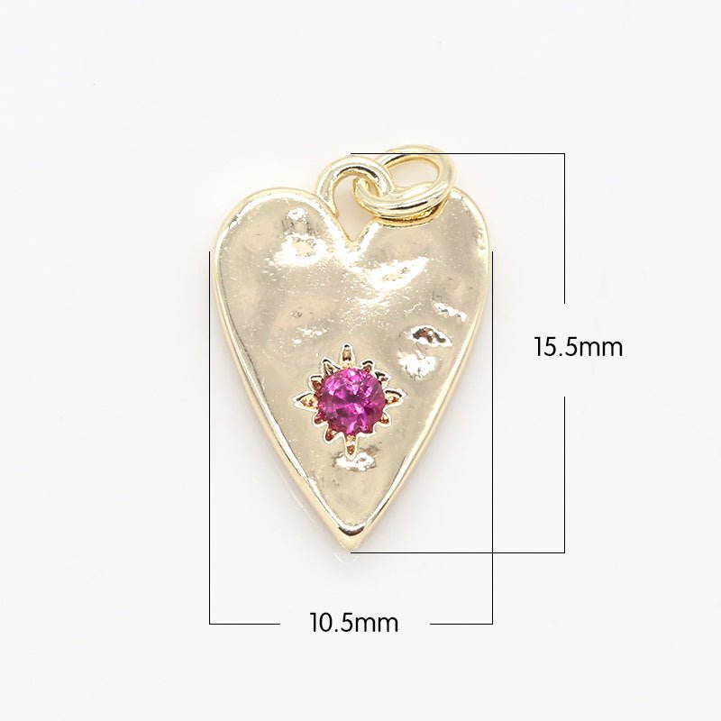 OS Purple Crystal Stone on Golden Heart Rustic Coin Charm CZ Stone Geometric Love Heart Shape Gold Medallion Charm Pendant GP-030
