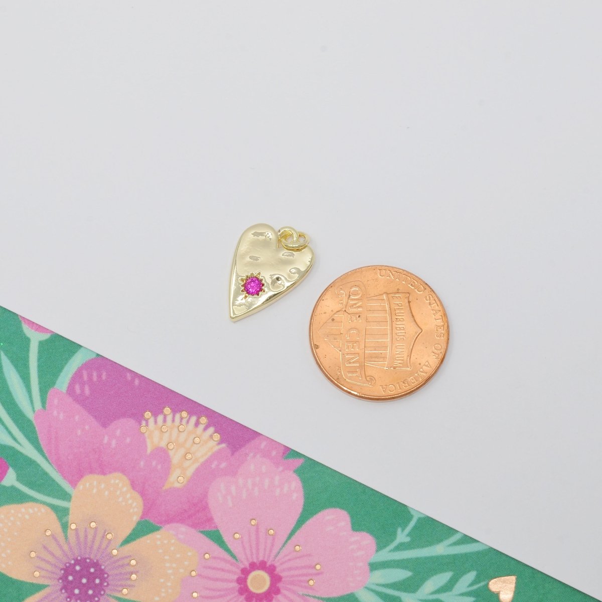 OS Purple Crystal Stone on Golden Heart Rustic Coin Charm CZ Stone Geometric Love Heart Shape Gold Medallion Charm Pendant GP-030
