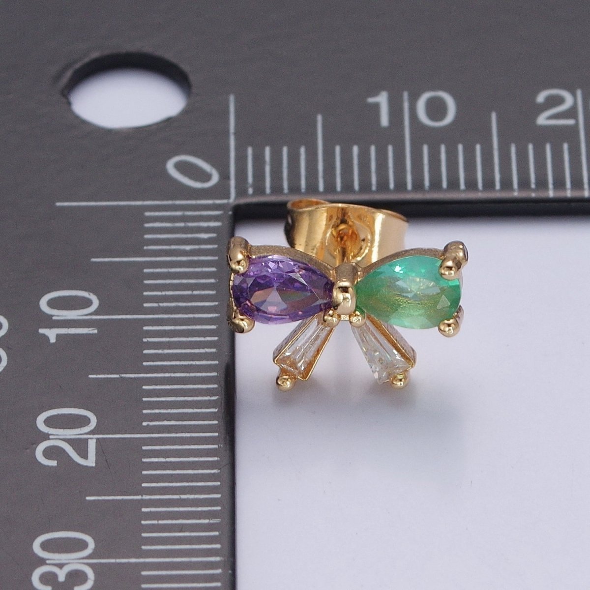 Purple Green CZ Bow Stud Earring Gold Ribbon Earring T-522 - DLUXCA