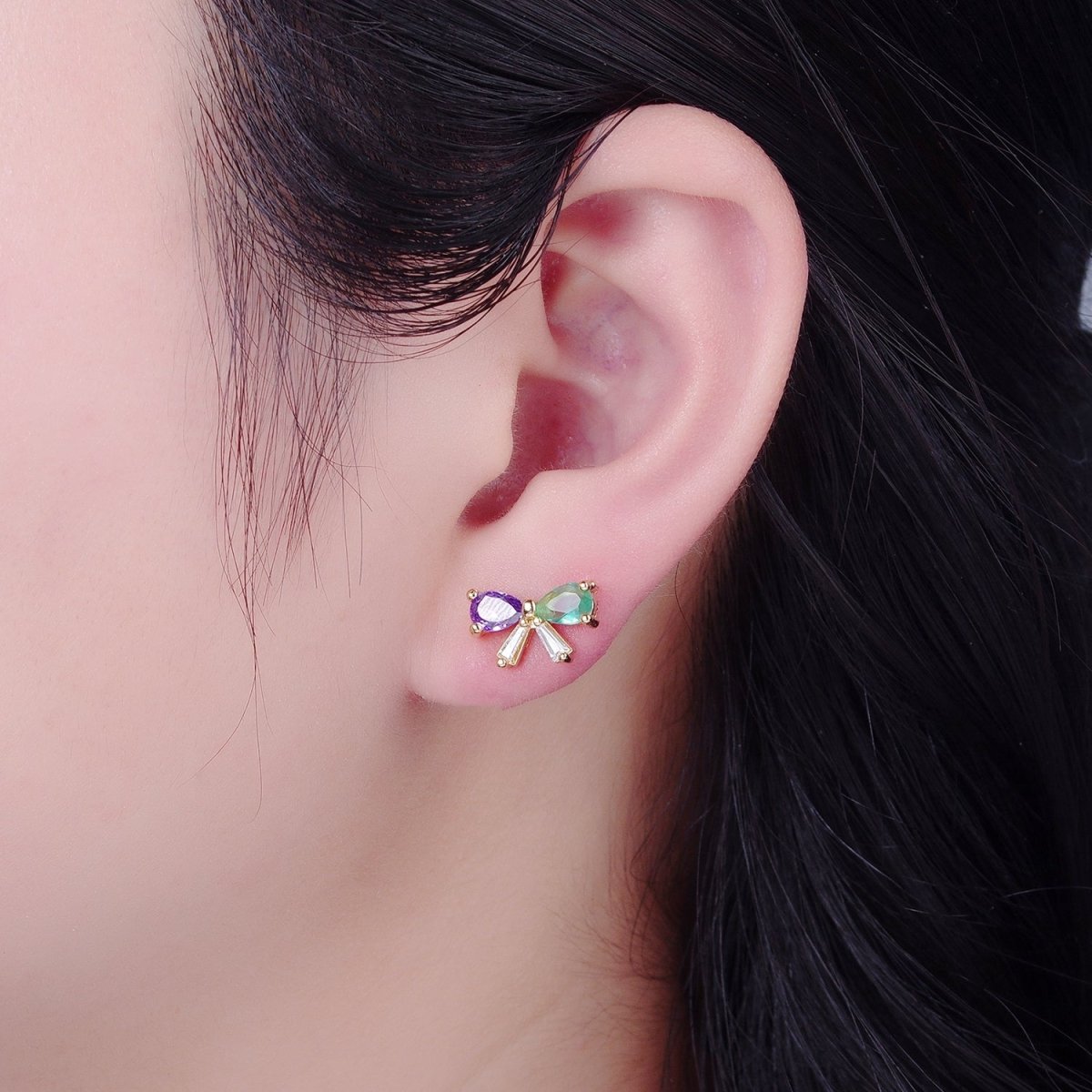 Purple Green CZ Bow Stud Earring Gold Ribbon Earring T-522 - DLUXCA