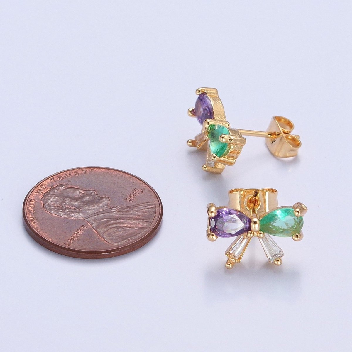 Purple Green CZ Bow Stud Earring Gold Ribbon Earring T-522 - DLUXCA