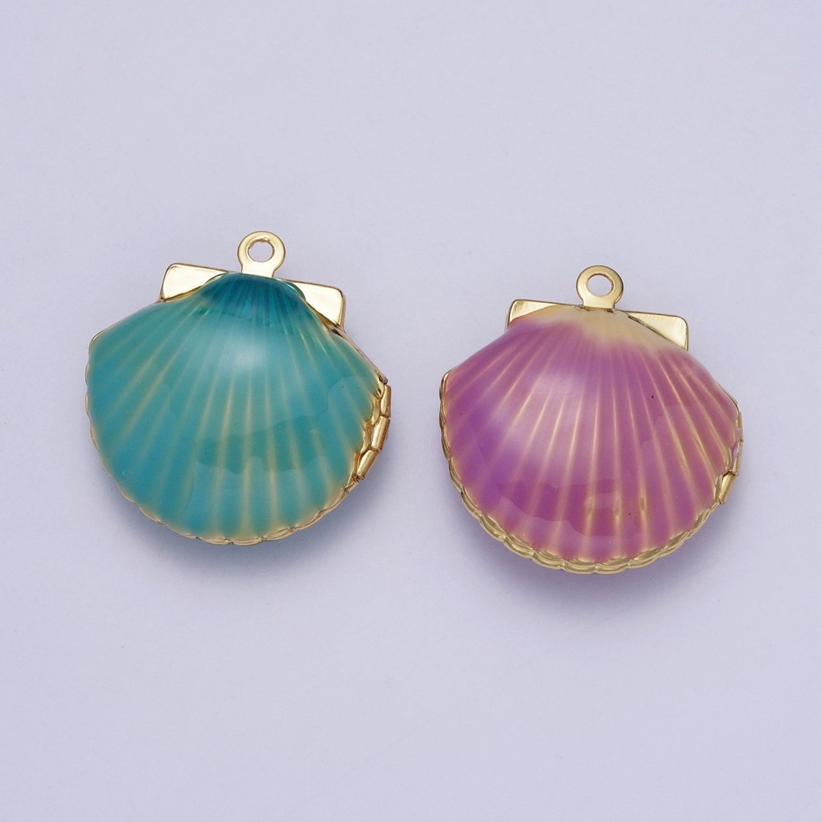 Purple/Teal Enamel Clam Sea Shell Gold Locket Charm For Beach Jewelry AG-028 AG-029
