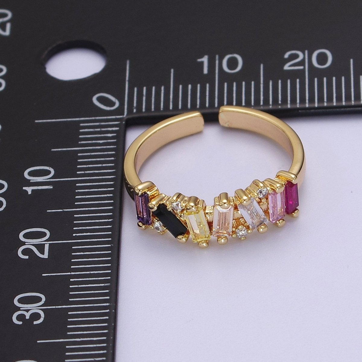 Rainbow CZ Irregular Baguette Adjustable Ring Rainbow Jagged Baguette Ring, CZ Stackable Ring S-525