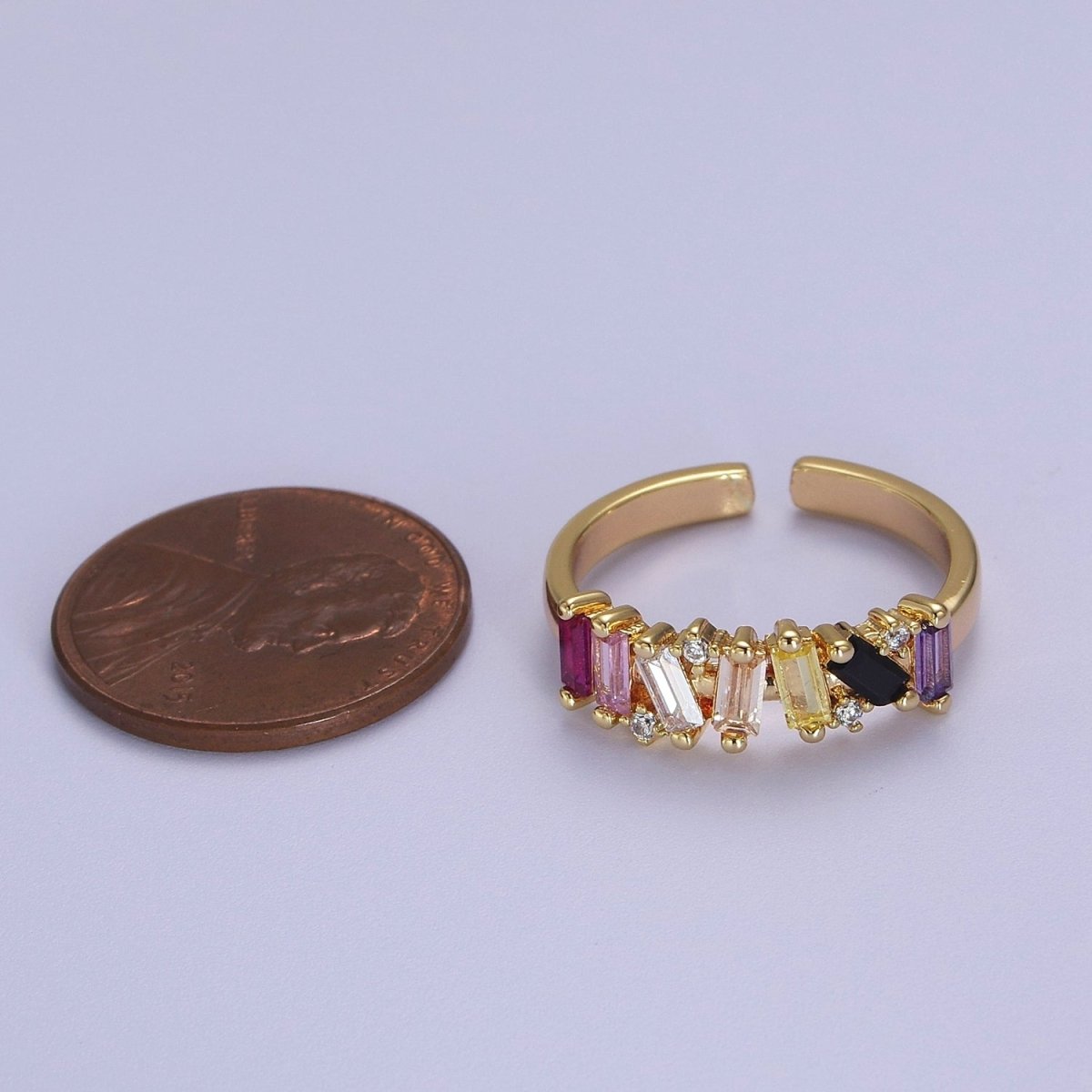 Rainbow CZ Irregular Baguette Adjustable Ring Rainbow Jagged Baguette Ring, CZ Stackable Ring S-525