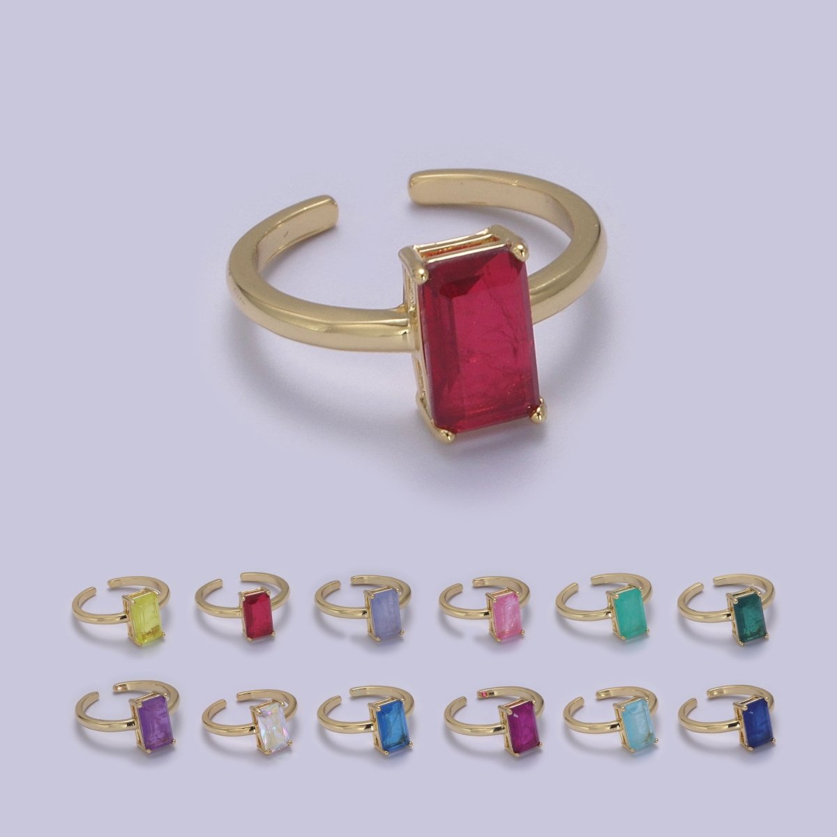 Rectangle Cut Cubic Zirconia Birthstone Ring | Rectangle Shape Cz Birthday Gift Ring Open Adjustable Jewelry S-405 ~ S-416