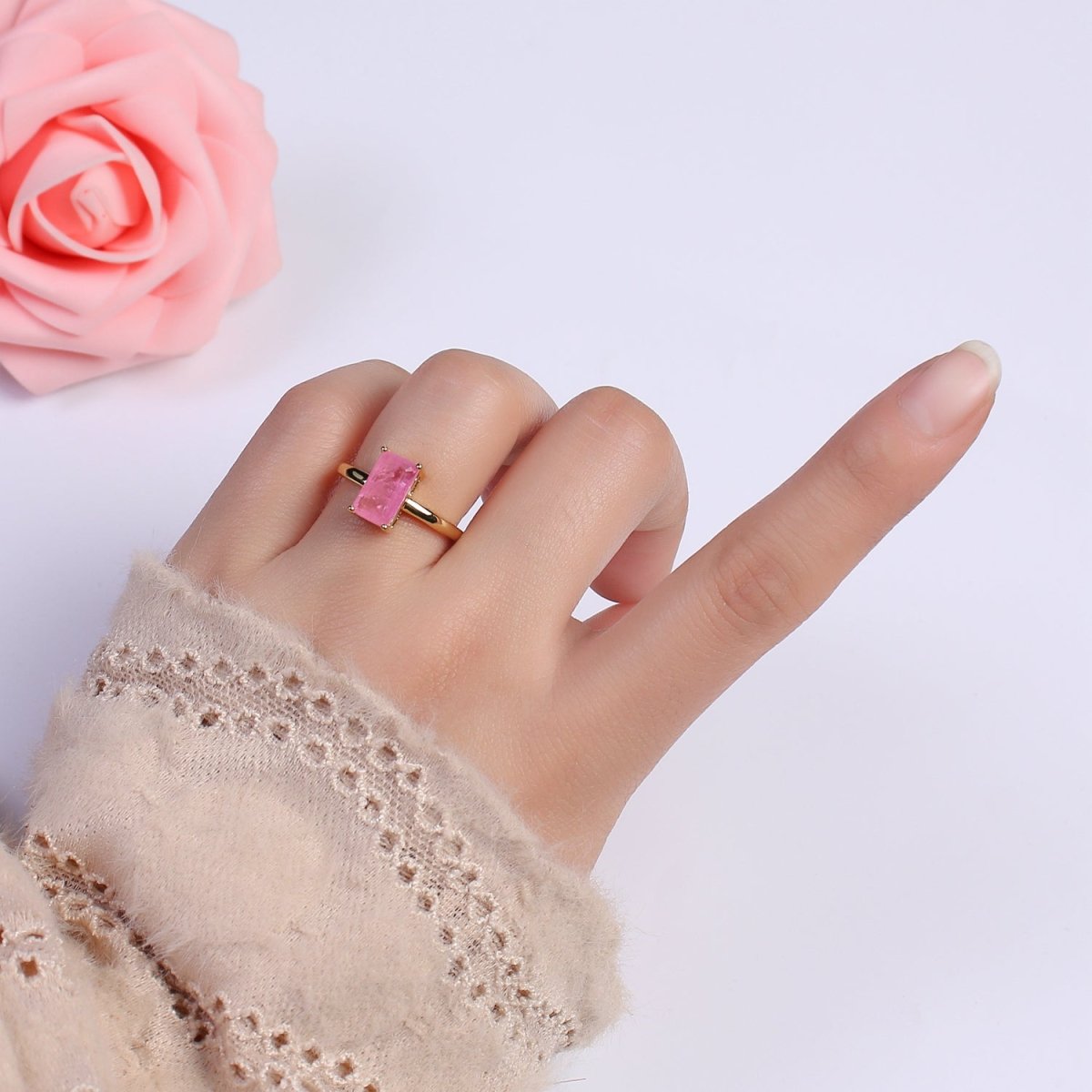 Rectangle Cut Cubic Zirconia Birthstone Ring | Rectangle Shape Cz Birthday Gift Ring Open Adjustable Jewelry S-405 ~ S-416