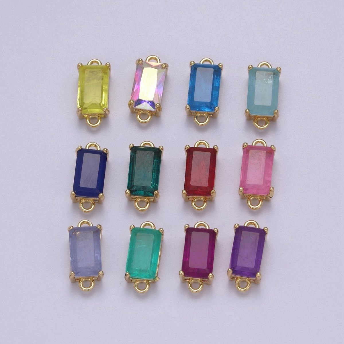 Rectangle Solitaire CZ Birthstone Charm Connector Geometric Diamond Cut Dainty Cubic Zirconia Connector for Necklace Earring Supply F-709~F-720