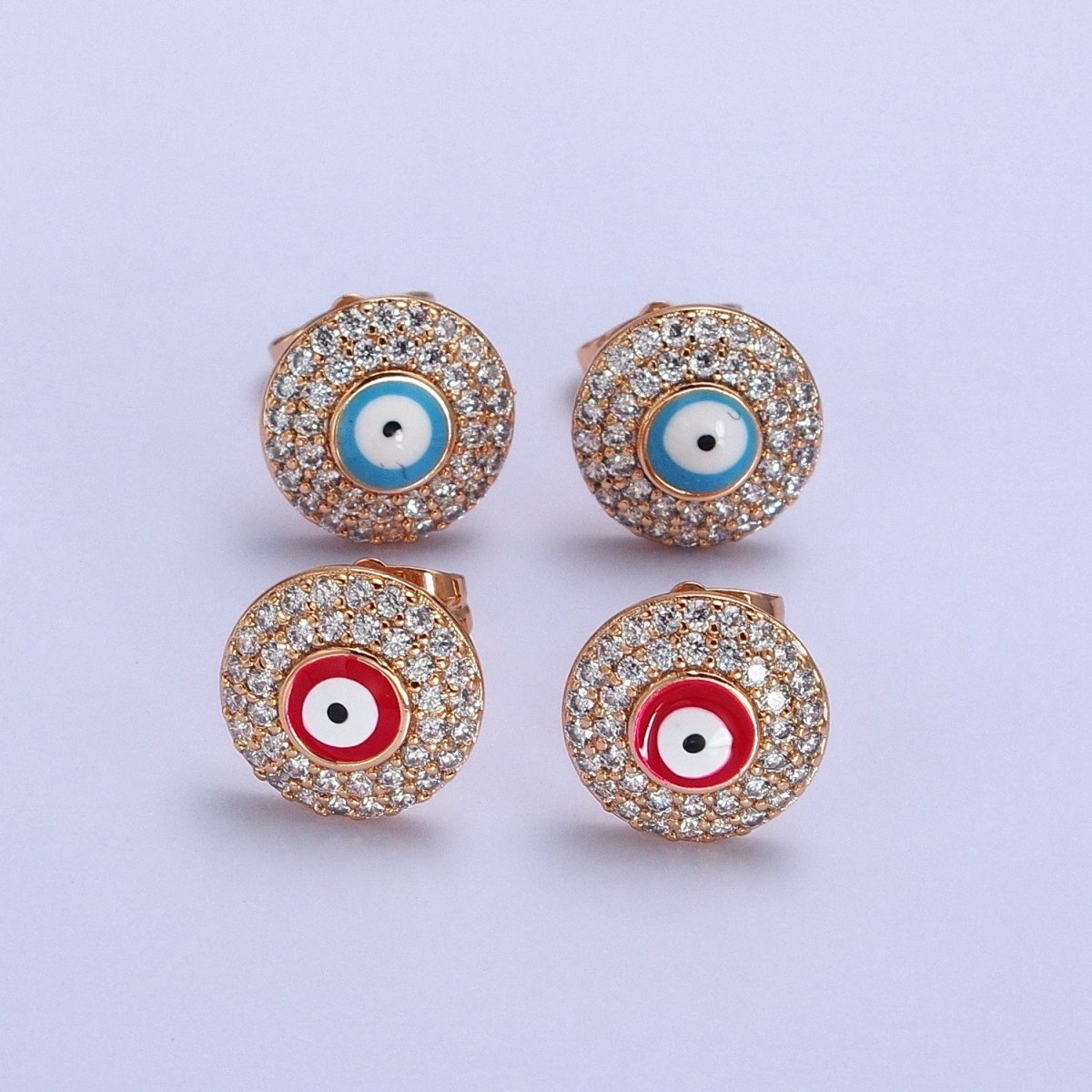 Red, Blue Evil Eye Enamel Clear Micro Paved CZ Round Stud Earrings | AB226 AB227