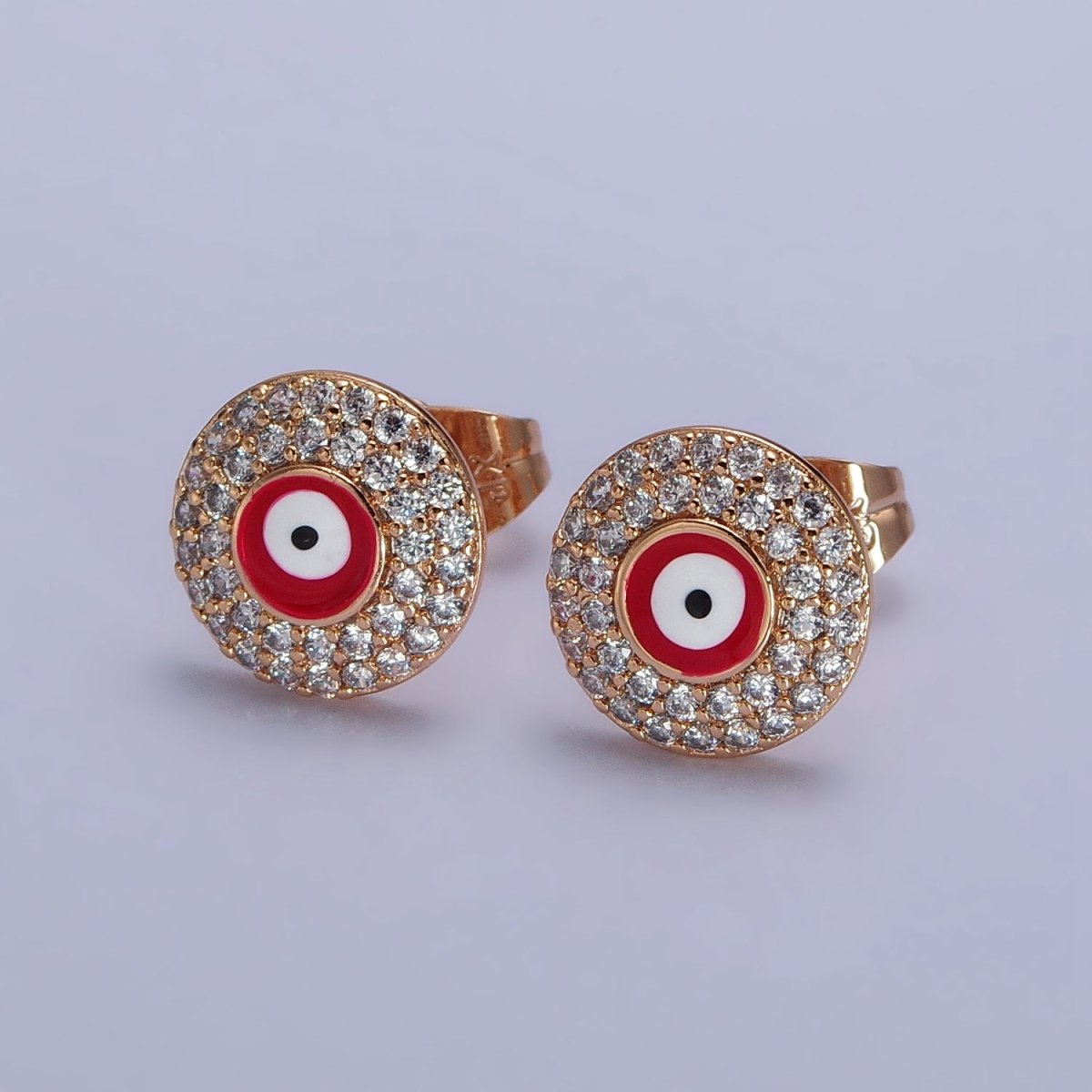 Red, Blue Evil Eye Enamel Clear Micro Paved CZ Round Stud Earrings | AB226 AB227