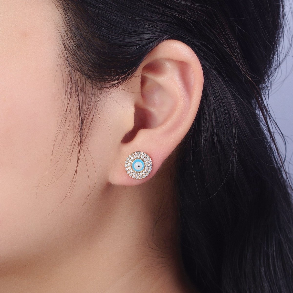 Red, Blue Evil Eye Enamel Clear Micro Paved CZ Round Stud Earrings | AB226 AB227