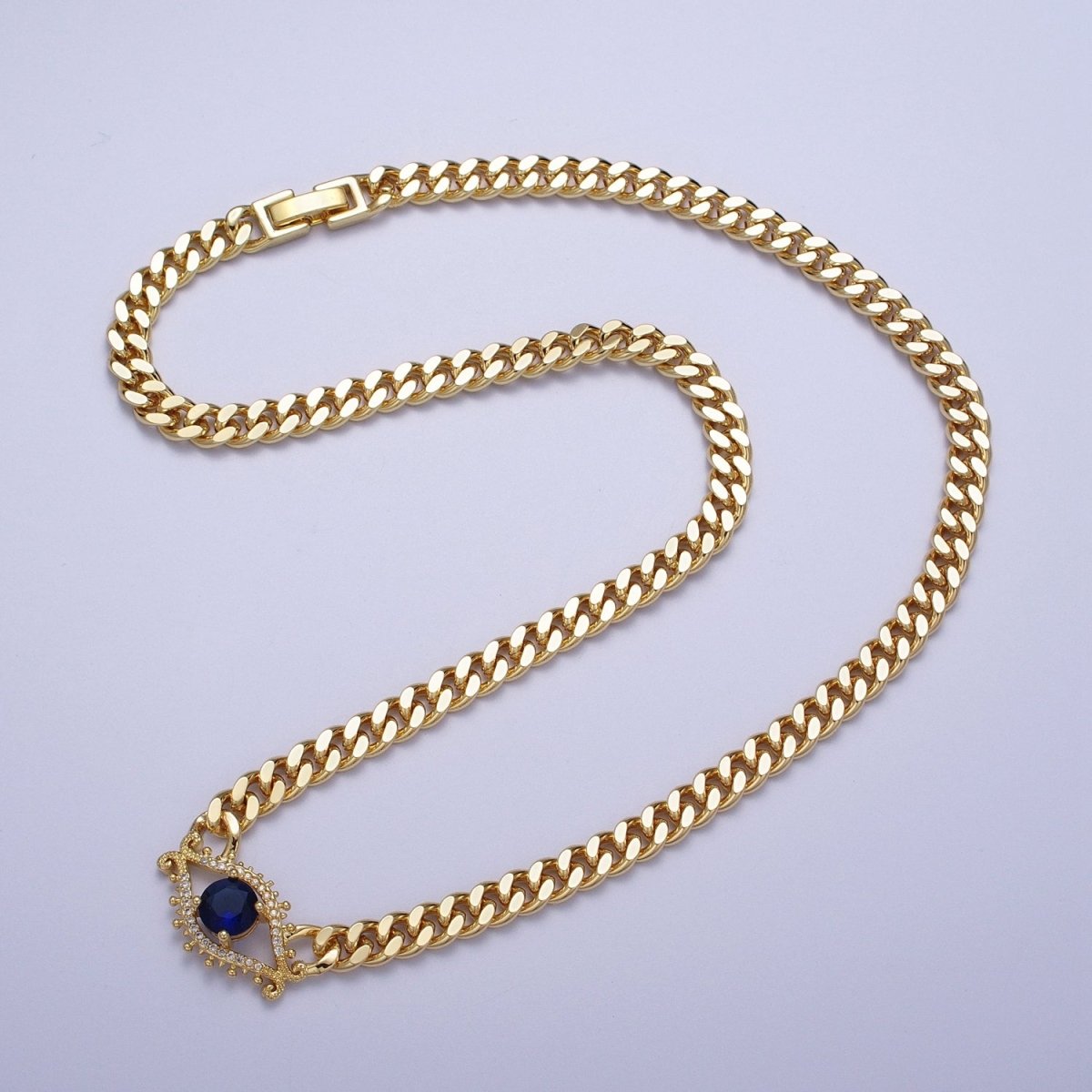 Red, Blue Micro Paved Evil Eye of Ra 18 Inch Gold Curb Chain Necklace | WA-1410 WA-1411 Clearance Pricing