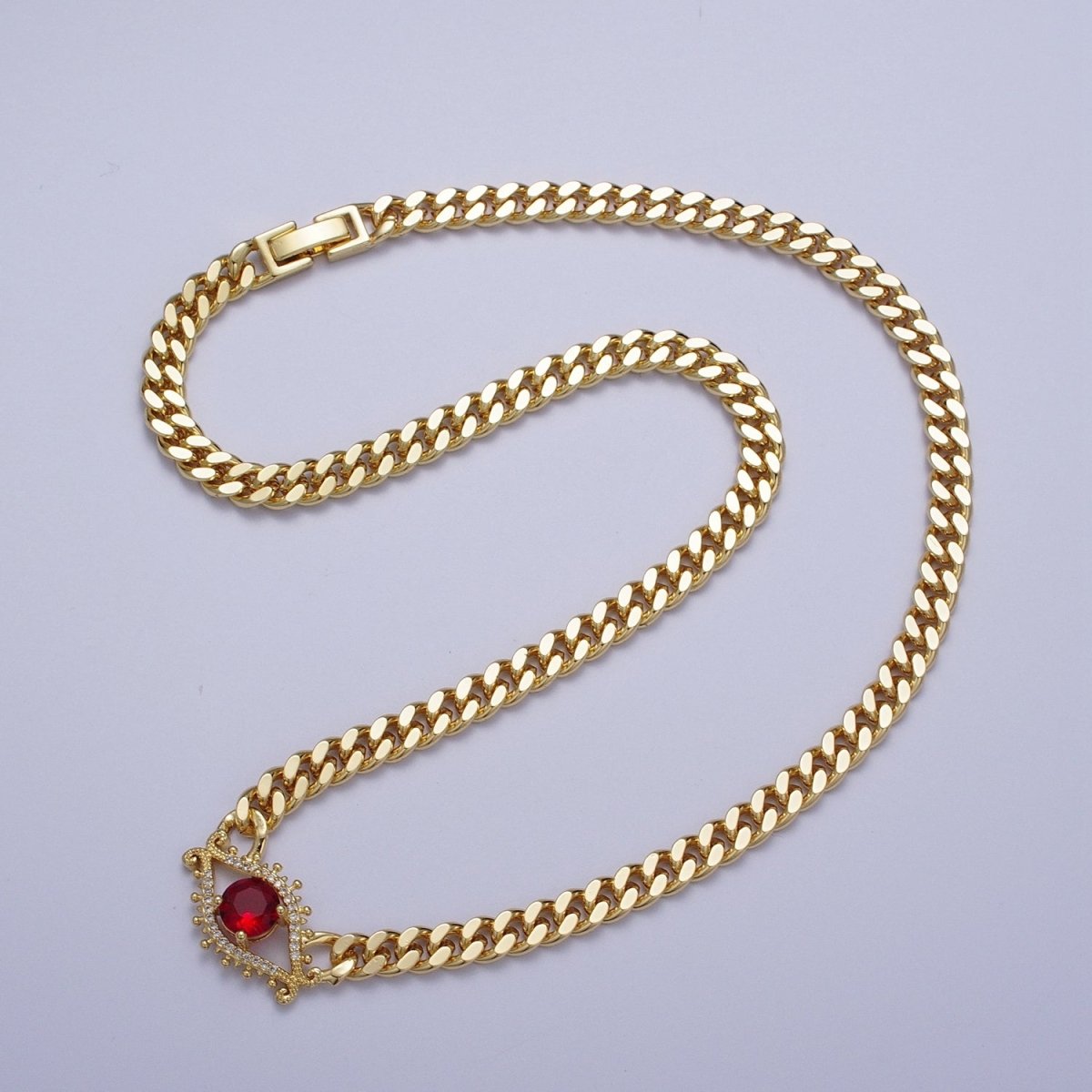 Red, Blue Micro Paved Evil Eye of Ra 18 Inch Gold Curb Chain Necklace | WA-1410 WA-1411 Clearance Pricing