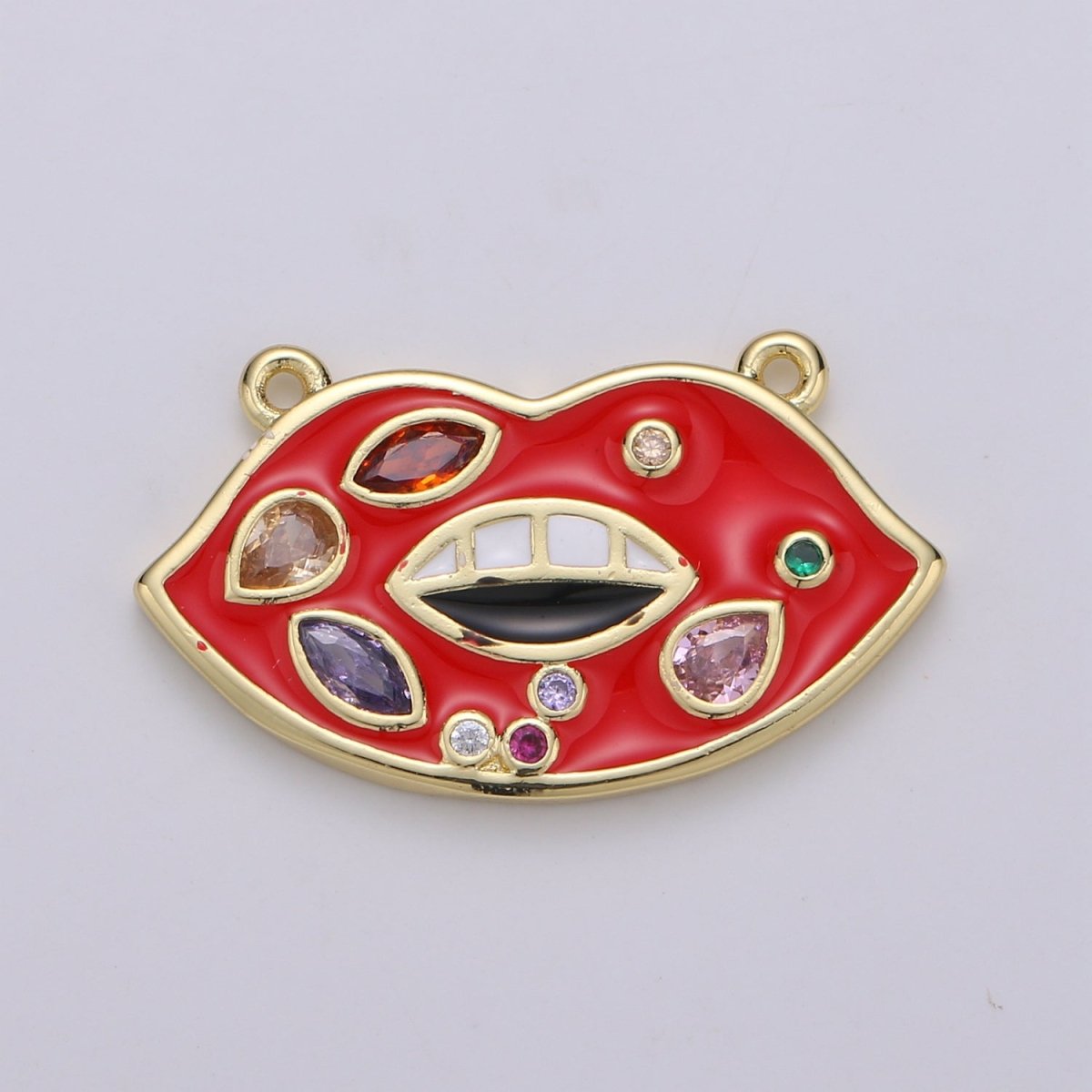 Red Enamel Lips charm w/ Cubic Zirconia, Pink Lips Charm, 24K Gold Filled Charm Rock Star Charm Necklace F-527 F-528