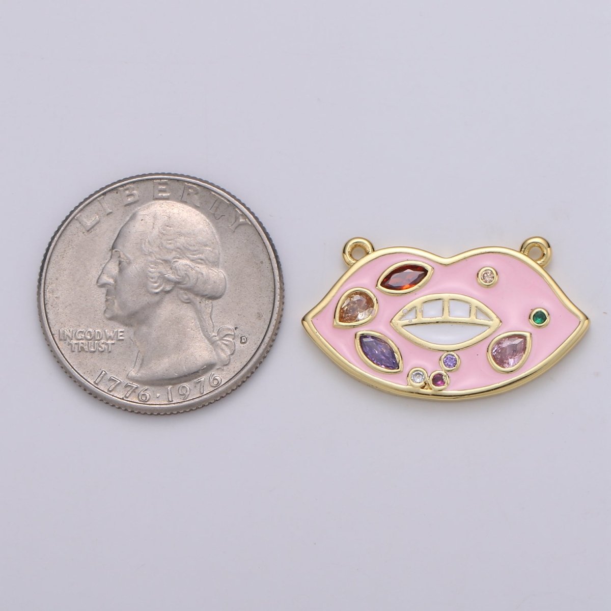 Red Enamel Lips charm w/ Cubic Zirconia, Pink Lips Charm, 24K Gold Filled Charm Rock Star Charm Necklace F-527 F-528