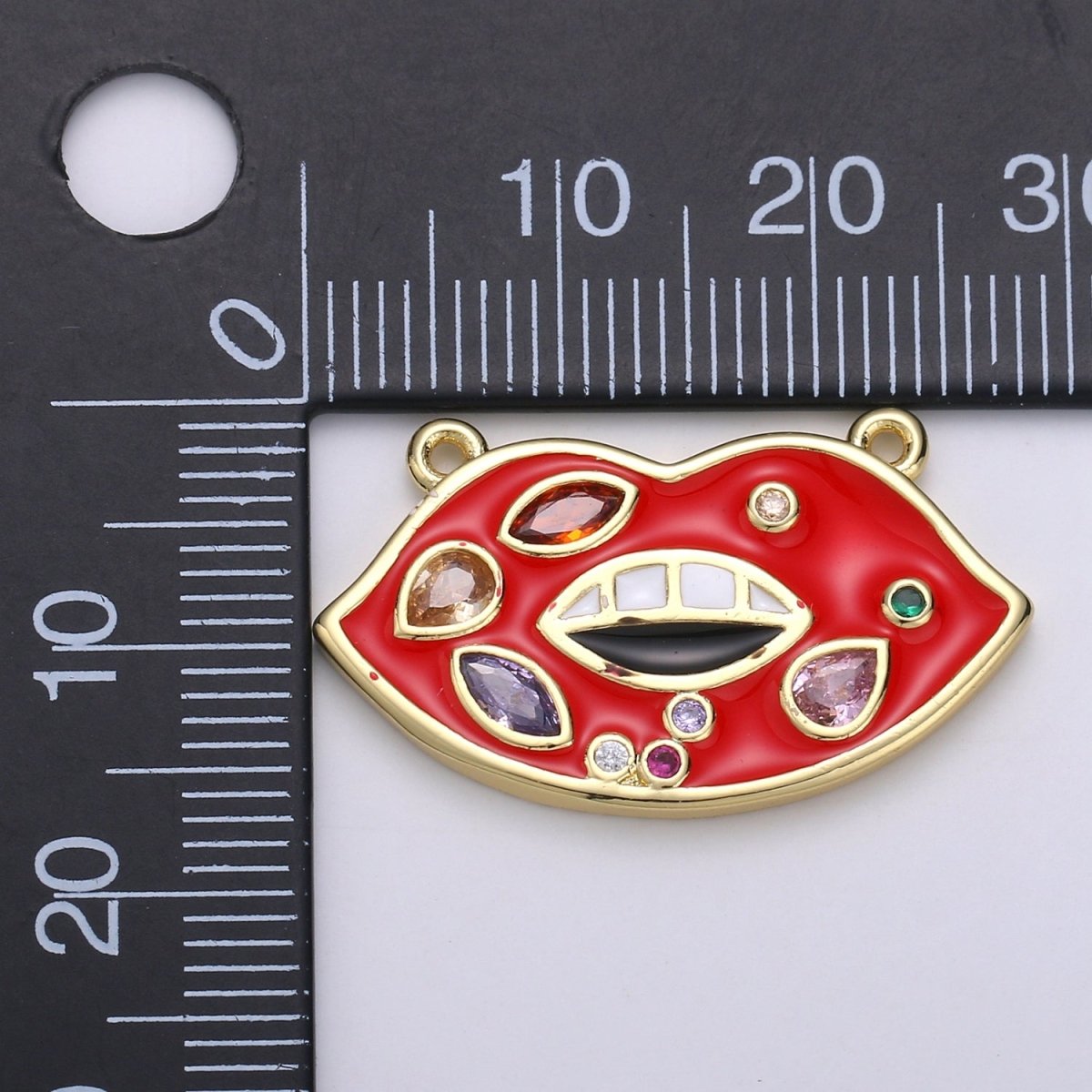 Red Enamel Lips charm w/ Cubic Zirconia, Pink Lips Charm, 24K Gold Filled Charm Rock Star Charm Necklace F-527 F-528