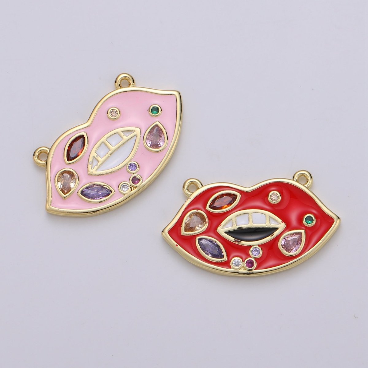 Red Enamel Lips charm w/ Cubic Zirconia, Pink Lips Charm, 24K Gold Filled Charm Rock Star Charm Necklace F-527 F-528