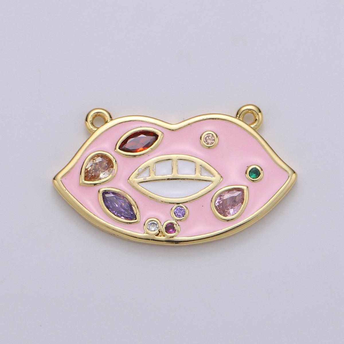 Red Enamel Lips charm w/ Cubic Zirconia, Pink Lips Charm, 24K Gold Filled Charm Rock Star Charm Necklace F-527 F-528