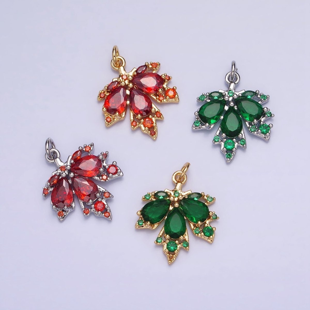 Red, Green Autumn Maple Leaf Teardrop Add-On CZ Charm in Gold & Silver | AC600, AC619