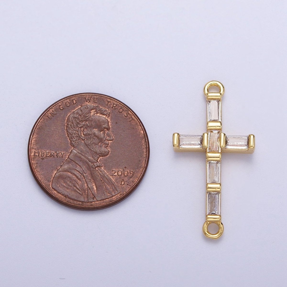 Religious Cross Baguette Cubic Zirconia Gold Link Connector Rosary Jewelry Making Supply | F-145