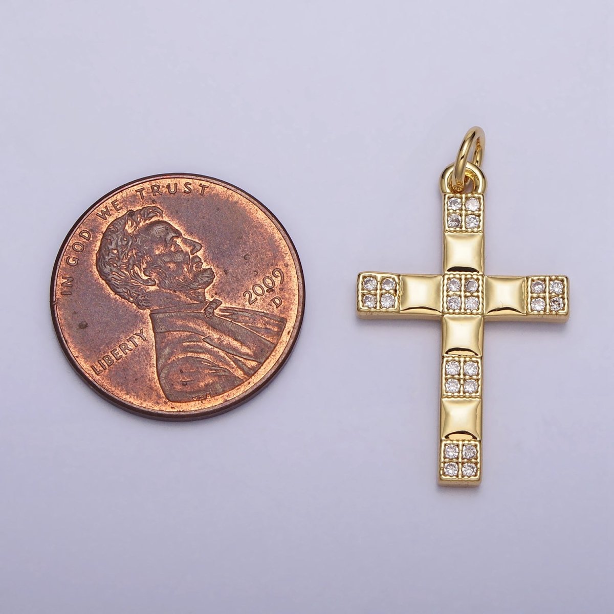 Religious Cross Checkered Gold Clear Micro Paved CZ Gold Charm | AC220 - DLUXCA