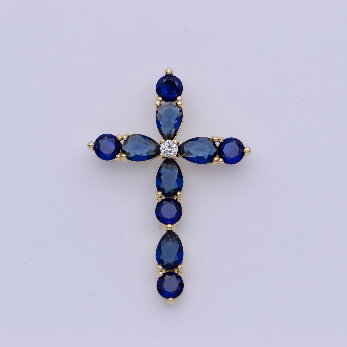 Religious Gold Cross Blue/Green Round Teardrop Cubic Zirconia Pendant Slider For Necklace | X-500 X-501