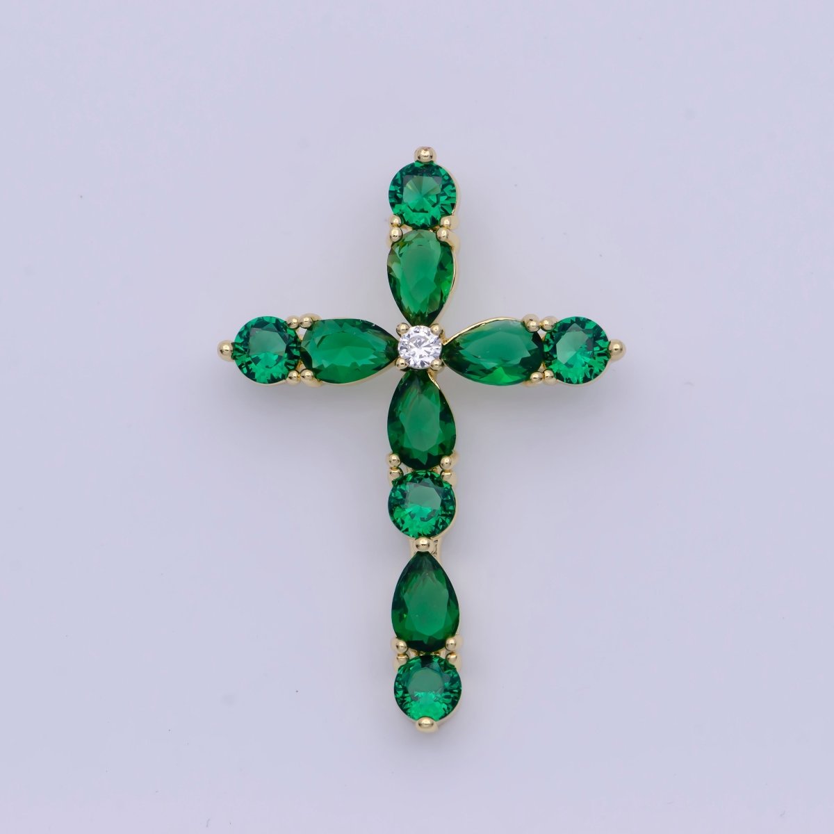 Religious Gold Cross Blue/Green Round Teardrop Cubic Zirconia Pendant Slider For Necklace | X-500 X-501