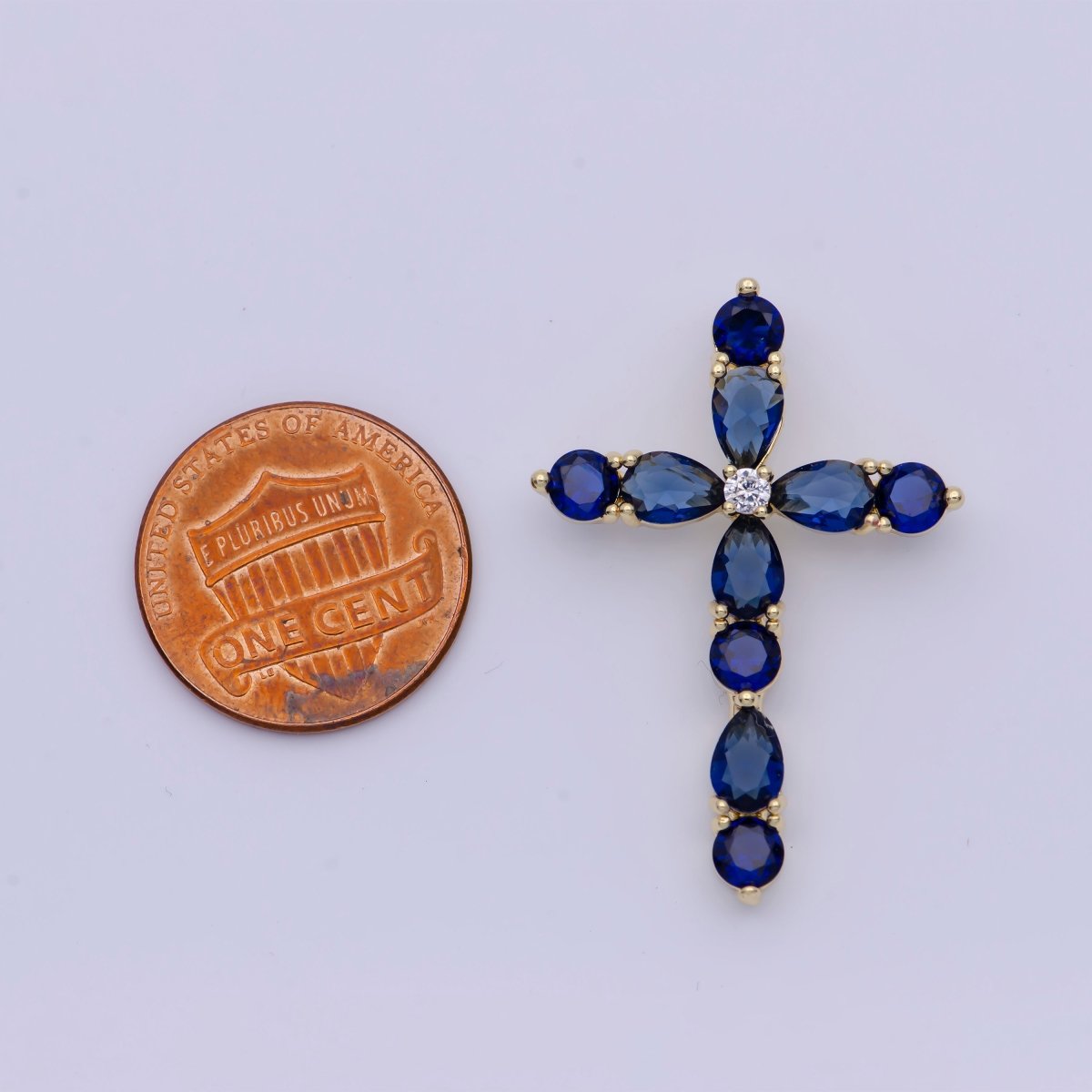 Religious Gold Cross Blue/Green Round Teardrop Cubic Zirconia Pendant Slider For Necklace | X-500 X-501