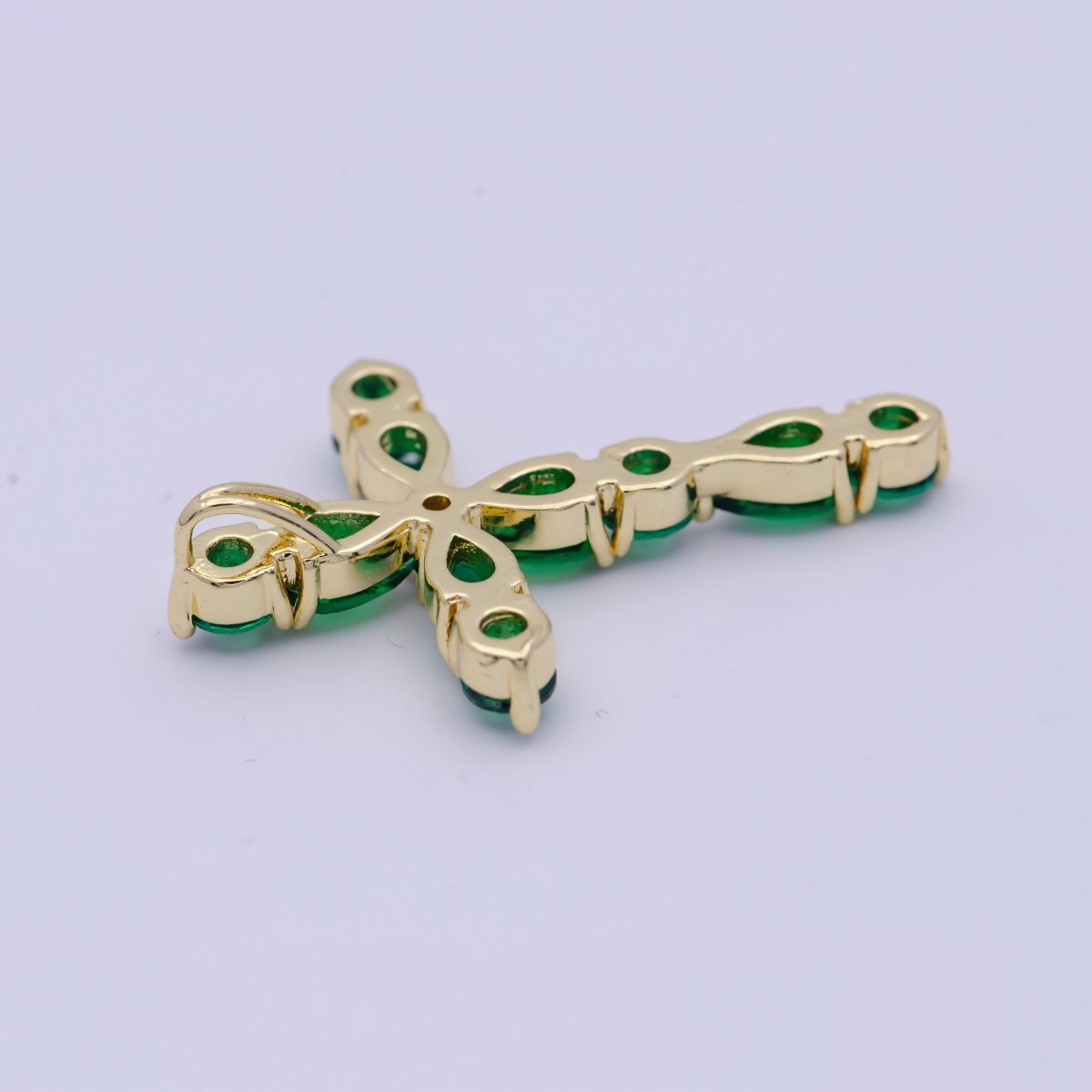 Religious Gold Cross Blue/Green Round Teardrop Cubic Zirconia Pendant Slider For Necklace | X-500 X-501