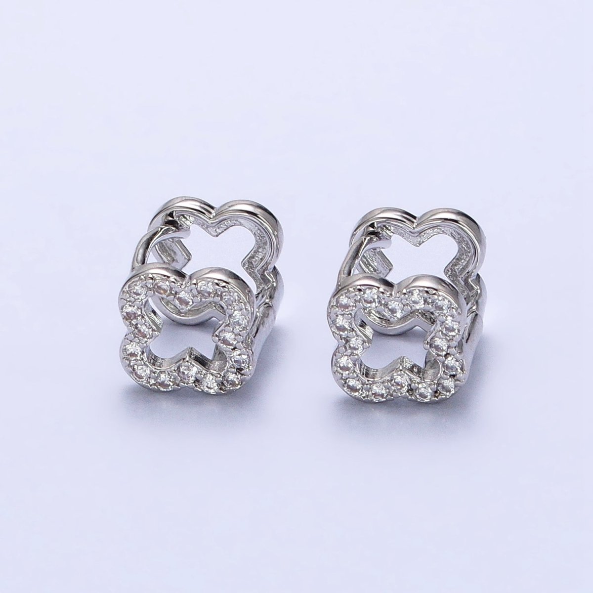 Rhodium Plated 10mm Micro Paved CZ Open Quatrefoil Clover Huggie Earrings in Silver & Gold | AB467 AB748